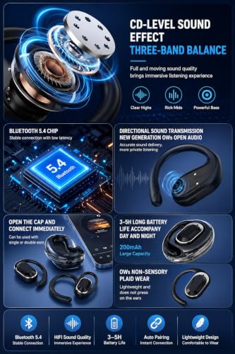 Image of G39 OWS Open Ear Wireless TWS Earbuds, Custom EQ, Bluetooth 5.4 Earphones, 50H Playtime, Fast Charging Case, 50ms Low-Latency Gaming & Touch Controls Headset. Black