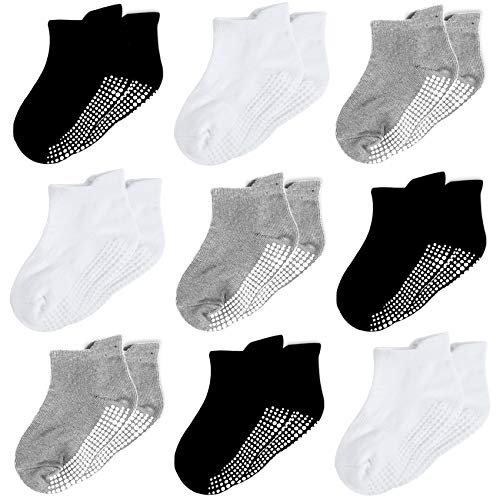Baby Grip Ankle Socks - Non Slip Baby Ankle Socks with Anti Skid Soles for Toddler Infant Kids Boys Girls (9Pairs - Black,White,Gray, 12-36 Months)