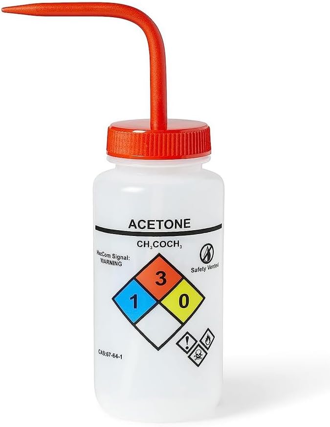 United Scientific™ UniSafe™ Wash Bottle for Acetone, 500mL - Labeled with Color Coded Chemical & Safety Information (4 Colors) - Wide Mouth, Self Venting, Low Density Polyethylene