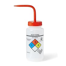 United ScientificTM UniSafeTM Wash Bottle for Acetone, 500mL - Labeled with Color Coded Chemical & Safety Information 4 Colors - Wide Mouth, Self Venting, Low Density Polyethylene