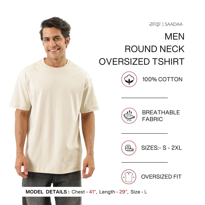 Image of SAADAA Men's Oversized Cotton T-Shirt | 210 GSM Heavyweight Fabric | Drop Shoulder | Dual Knit | Comfortable Casual Wear | Solid Colors