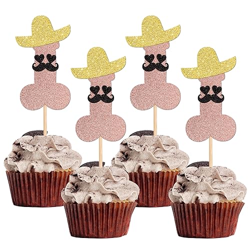 24 PCS Bachelor Party Cupcake Toppers With Hat Beard Glitter - Bachelorette Picks Hen Funny Cake Decorations for Wedding Bridal Shower Birthday Supplies Rose Gold