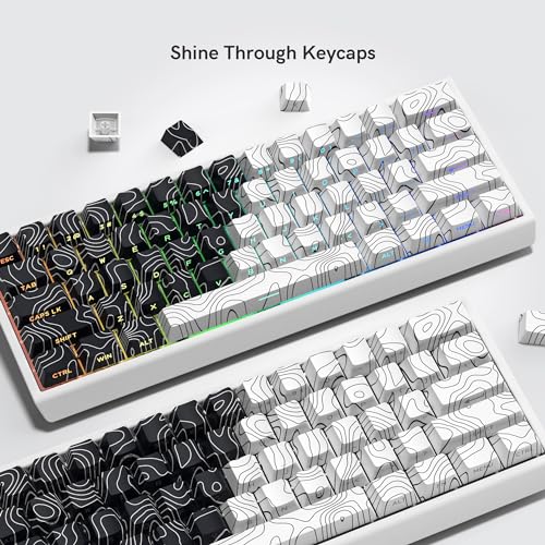 Image of double shot PBT keycaps,black and white,Topographic keycaps,lines backlit,Shine Through keycap,Side Printed keycap,dye sublimation,Cherry Profile keyboard caps for TKL US Layout Mechanical Keyboard