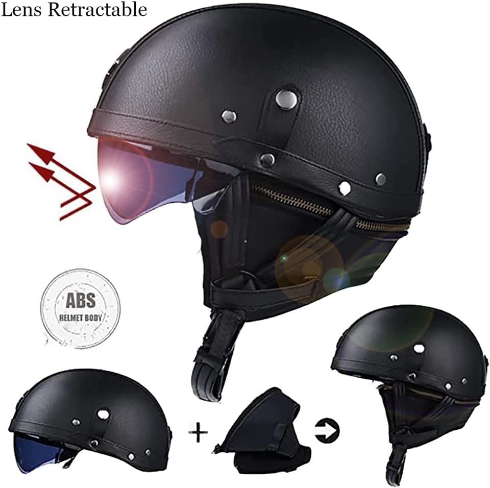 Motorfiets Half Helm,Motorfiets Duitse Leren Half Gezicht Helm, DOT/ECE Goedgekeurde Cap Half Shell Helm Bril Retro Open Gezicht Helm Met Verstelbare Quick Release Gesp (Color : I, Size : 61~62cm