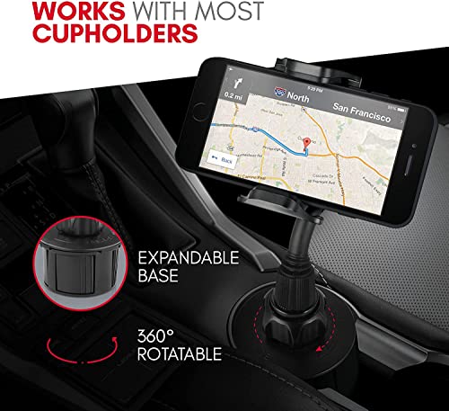 Macally Car Cup Holder Phone Mount - Securely Holds Phones up to 4.1” Wide - Flexible Gooseneck & 360° Rotatable Cradle