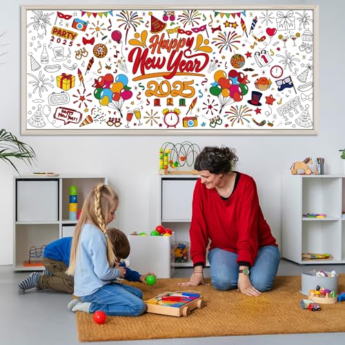 OHOME-Happy-New-Year-Giant-Coloring-PosterTablecloth-New-Years-Decorations-2025-30-x-72-Inches-Jumbo-Coloring-Banner-Kids-Crafts-Activities-Party-Decorations-New-Years-Eve-Party-Supplies