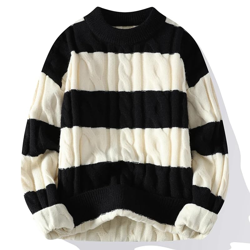 Men Long Sleeve Stripe Sweater Harajuku Printed Pullover Top Oversized Loose Round Neck Knitwear2