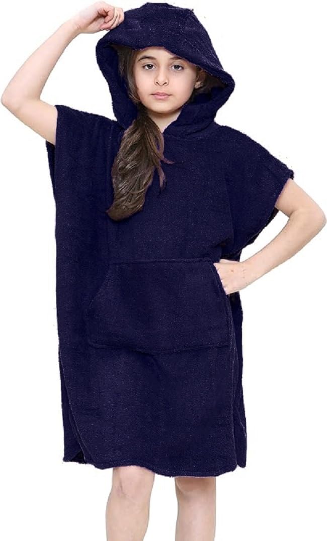 kraftd Unisex Kids Hooded Poncho Changing Robe 100% Terry Towelling Cotton Robes With Pocket & Hood for Beach Swimming Surfing Bathing Watersports (1 Piece)