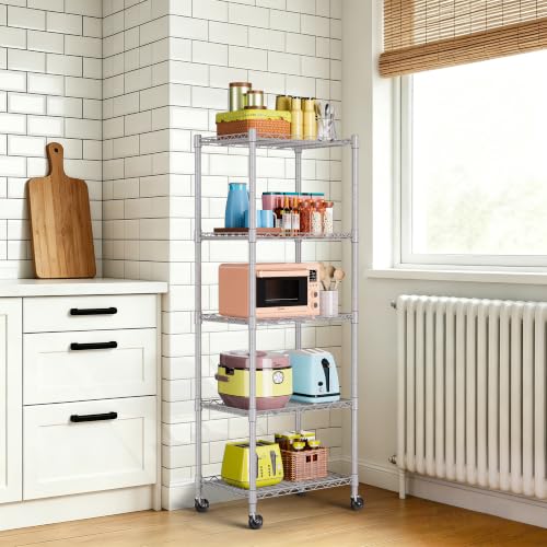 Image of REGILLER 5-Wire Shelving Metal Storage Rack Adjustable Shelves,Standing Storage Shelf Units for Laundry Bathroom Kitchen Pantry Closet(Silver,11.8 inch D x 16.6 inch W x 53.5 inch H,With Wheels)