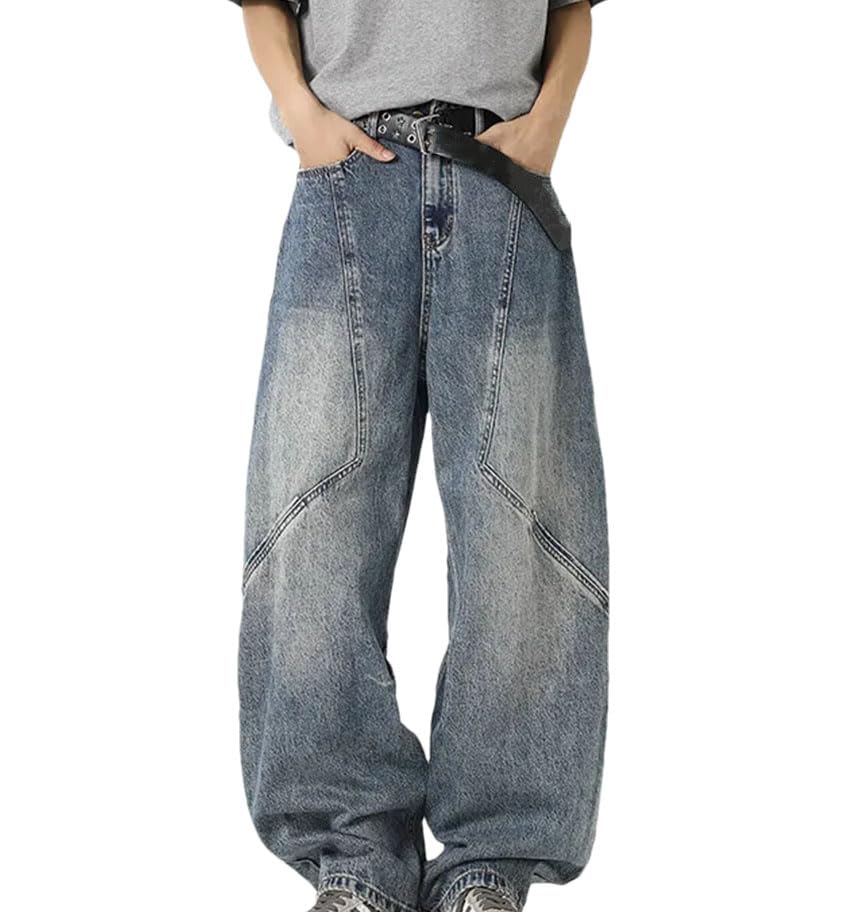 Men’S Spliced Design Jeans Mid Waist Loose Fit Wide Leg Denim Pants High Street Style Zipper Fly Jeans