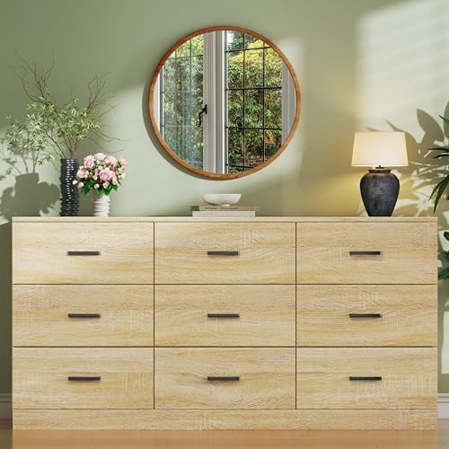Image of HUAHUU 9 Drawer Dresser for Bedroom, 60'' Long Large Mid Century Modern Dressers TV Stand, Natural Wood Vintage Chests of Drawers, Large Storage Organizer for Bedroom, Closet, Entryway, Natural Oak