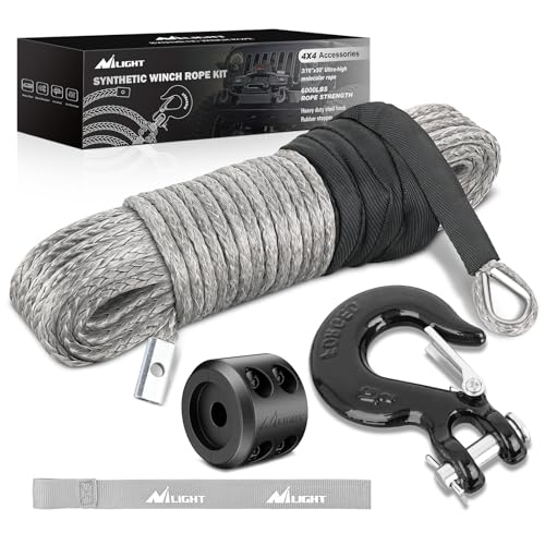 Nilight Synthetic Winch Rope Kit 3/16 Inch x 50 Feet - 6000 lbs Cable Line With Protective Sleeve, 13500 lbs Hook, Stopper for 4WD Off Road Vehicle UTV ATV SUV Truck, Grey