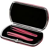 tallSkin Premium Stainless Steel Tweezers Set, Curved Designed Slanted Tip and Pointed Tip, with Sleek Magnetic Storage and Carrying Case, Pink Shimmer, 2 Piece
