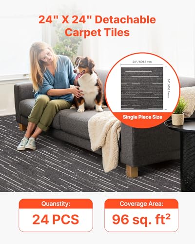 Image of VEVOR Carpet Tiles Reusable 24x24 inch, 24 PCS Modular Carpet Square Rug, Commercial Floor Soft Padded for Seamless Cover 96sq.ft, Easy DIY Replacement for Living Room Bedroom Office Indoor,Gray