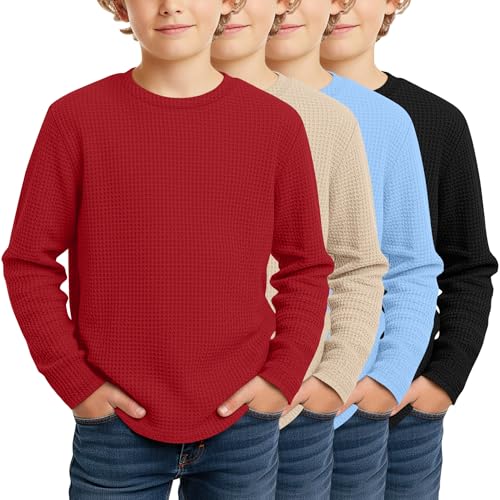 Image of 4 Pack Boys Long Sleeve Waffle Shirts | School Sweaters for Boys, Waffle Knit Thermal Shirts, Crewneck Thermal Casual Tops, Fall, Winter, Kids Clothes for 5-14 Y