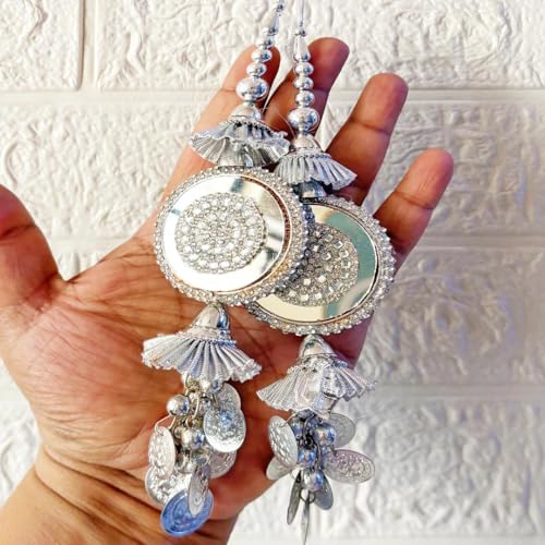 Image of Adikala Craft Store Handmade Ethnic Silk Latkan Tassel Set of 2 for Saree Pallu, Blouse, Suits, Dupatta, Lehenga Decor | Wedding Festival Occasion (Silver Mirror)