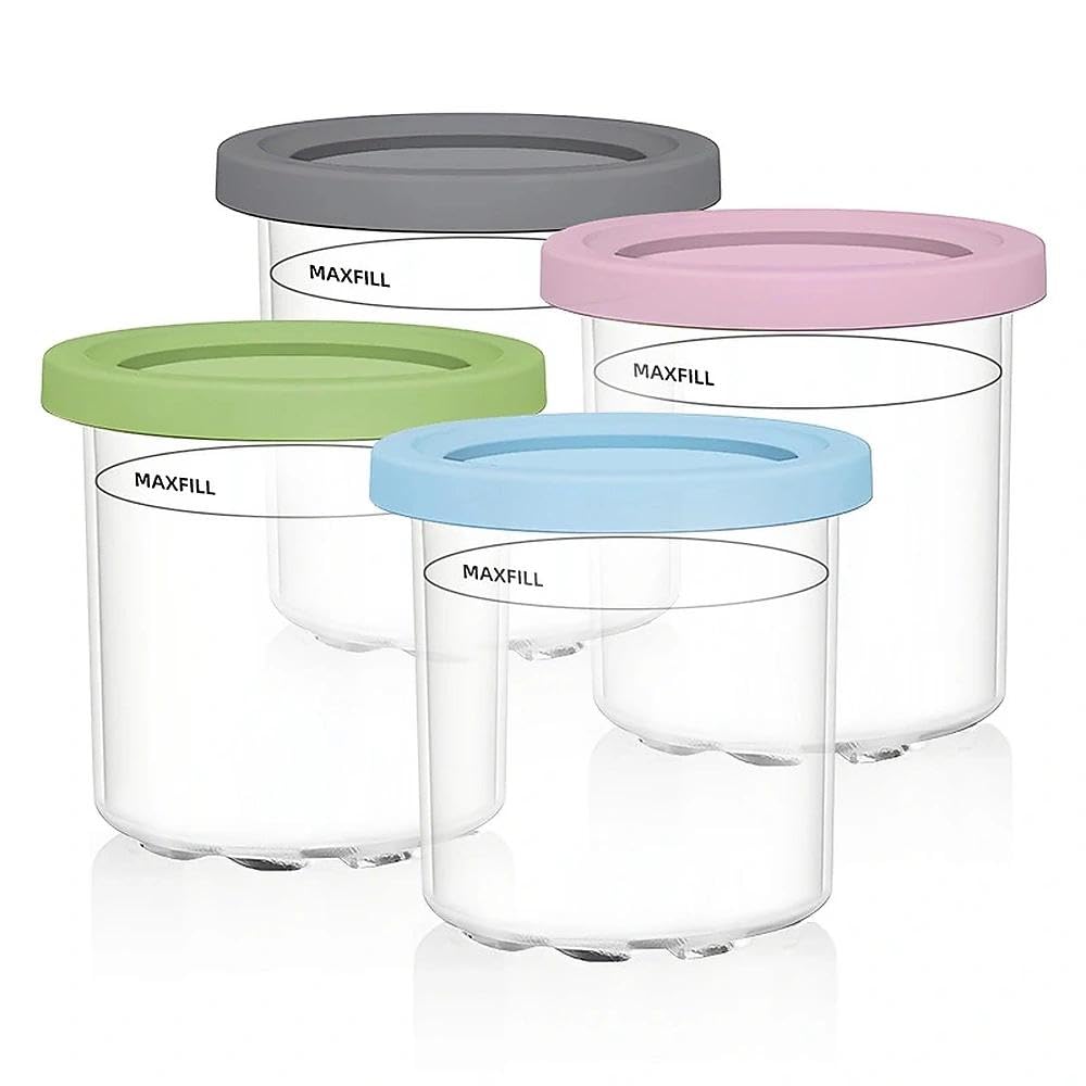 4 Pack Ice Cream Tubs for Ninja CREAMi, 16oz Replacement Creami Tubs Containers Compatible with Ninja CREAMi Ice Cream Maker NC300UK NC300UKCP NC299AMZ, BPA-Free & Dishwasher Safe, with Color Lids