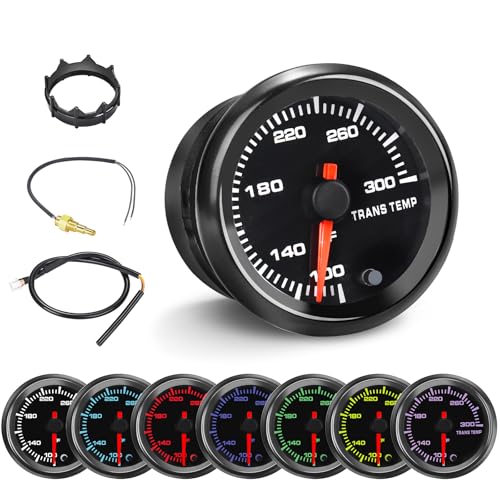7 Color Transmission Temperature Gauge 300 F Trans Temp Gauge Kit 2-1/16 52mm LED Backlight - Black Dial - Clear Lens - Monitor and Display The Oil Temperature of Truck Transmissions