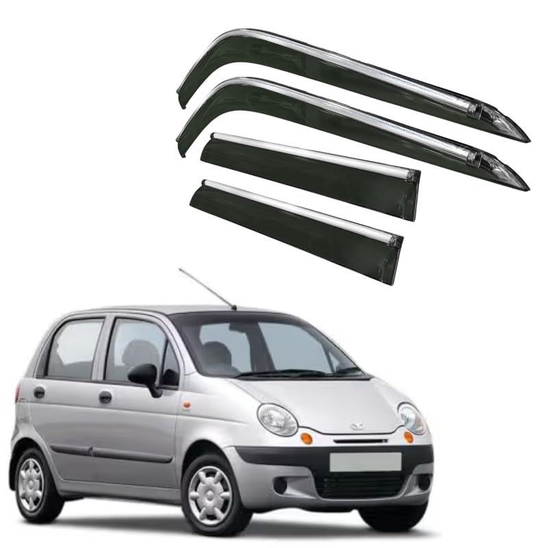 Image of CAR SAAZ Side Door Visors for Matiz (Set of 4Pcs)|Chrome Lined Rain Guards, Polycarbonate, Smoke Finish