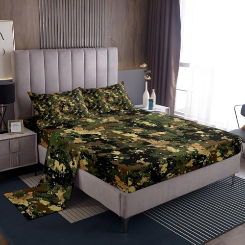 jejeloiu Camouflage Sheets with Deep Pocket Fitted for Girls Boys Kids Twin Size Camo Bed Cover Room Military Amry Decor Sheet Set Green Brown 3Pcs Soft Lightweight Microfiber