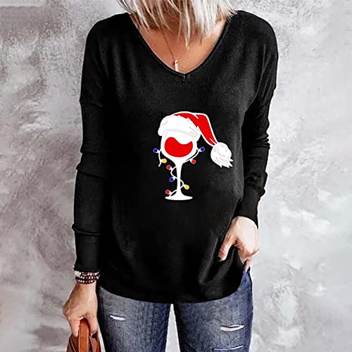 2022 Tunics Or Tops To Wear With Leggings Casual Long Sleeve Tunic Tops Christmas Hat Wineglass Elk Gonme Graphic Crew Neck Shirt Blouses Laides Halloween Christmas Fashion Size1583 #TOP1
