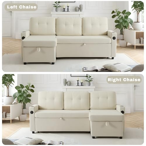 Image of 82 inch Pull Out Sofa Bed,L-Shape Modern Sleeper Sofa, Upholstered Sectional Couch with USB Port and Side Pockets for Living Room and Guest Room (Beige)
