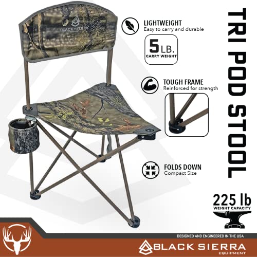 Black Sierra Tripod Hunting Stool, Hunting Chair W/Backrest, Lightweight Folding Chair, Small Camping Chair W/Cupholder, Foldable Fishing Chair, Heavy Duty Steel Frame Hunt Chair Supports 225 Lbs #TOP1
