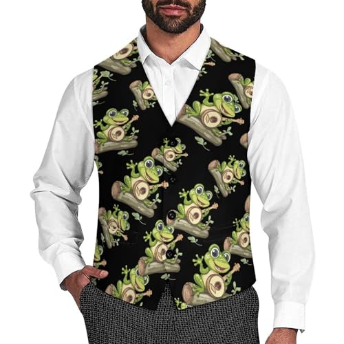 Frog Playing Banjo On Log Men's Suit Vest Waistcoat Vests Formal Dress with 2 Pockets for Business Casual Tuxedo