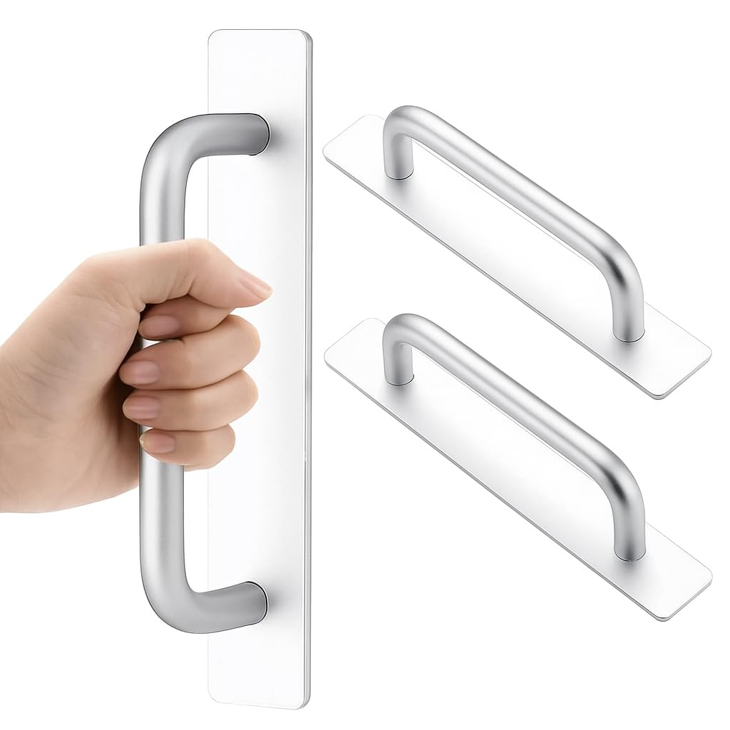 DHVSAM Adhesive Cabinet Handles, Self-Stick Instant Cabinet Handles Alloy No Drilling Push Pull Handles Helper for Kitchen Cabinet Drawer Window Sliding Closet (Silver, 2 Pcs)