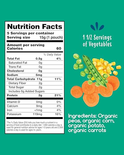 Image of Amara Organic Baby Food - Stage 2 - Peas, Corn & Carrots - Baby Cereal to Mix With Breastmilk, Water or Baby Formula - Shelf Stable Baby Food Pouches Made from 100% Organic Veggies - 10 Pouches, 3.5oz Per Serving