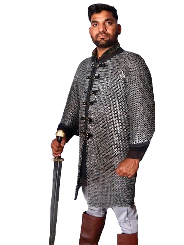 THE MEDIEVALS Chainmail Shirt with Leather Trimming 09mm Flat Rivited Ring SCA Armor Mild Steel Solid Ring