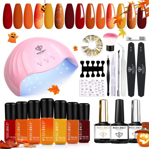 Modelones Gel Nail Polish Kit With U V Light, 7 Fall Colors Soak Off Nail Gel Polish Kit Include 48w Dryer Lamp/Bond Primer/No Wipe Base&Top Coat For Nail Art Starter Manicure At Home