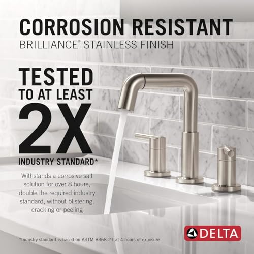Image of Delta Nicoli Brushed Nickel Bathroom Faucet with Sprayer, 8 Inch 3 Hole Widespread Bathroom Sink Faucet with Pull Out Sprayer, Push-Pop Drain, Stainless 35849LF-SSPD