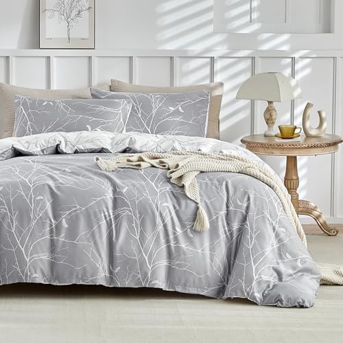 Image of Lekesky Reversible Duvet Cover King Size, Grey White Branch Comforter Cover King 3pcs Microfiber Botanical Bedding Set with Zipper Closure Corner Ties