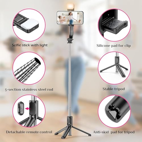 Image of JK Vision Selfie Stick with Tripod Stand, 3 in 1 Multifunctional Design, Rechargable LED Light with Two Brighness Levels for Make up, Vlogging & Photo Shoot, Selfie Stick with Bluetooth Remote