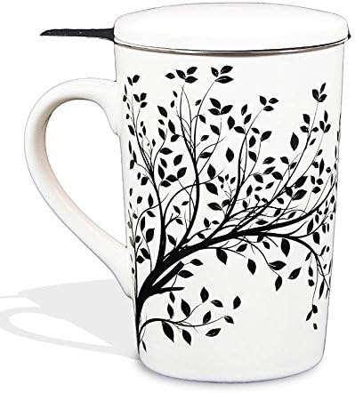 Tea Mug With Infuser and Lid, Contemporary Single Cup Tea 12.8 ounce, Tea For One Set With Stainless Steel Brewing Basket For Loose Leaf Tea, Tea Gifts, Ding Ware Porcelain (Black Tree)