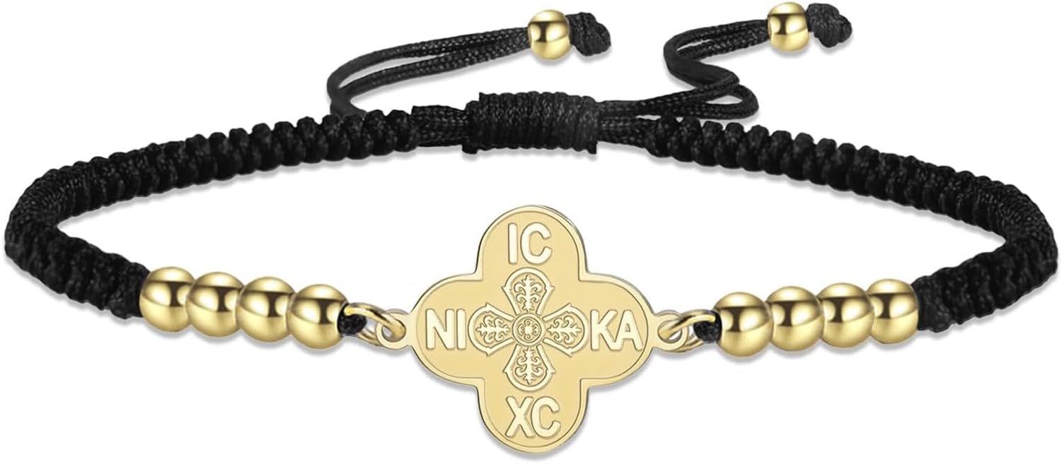 Eouyt Orthodox Cross Bracelet IC XC NIKA with Four Leaf Clover Design, Stainless Steel Adjustable Handmade String Christian Jesus Religious Faith Gift Jewellery, Gold-Black String