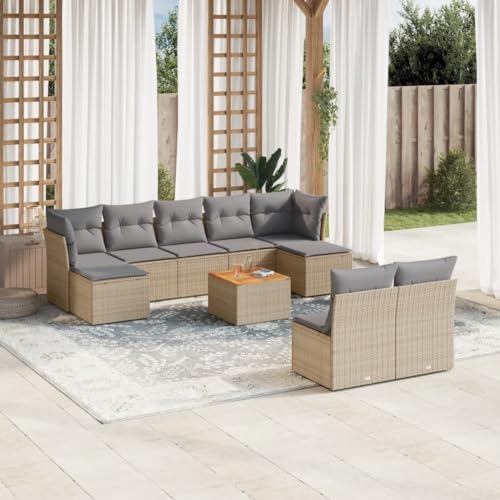 Mokuyary M322K861 - Sofá de jardín con cojín (10 piezas, polirratán, para balcón, terraza, jardín, color beis)