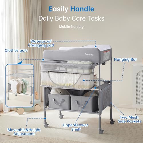 Image of Sweeby Portable Baby Changing Table, Foldable Changing Table Dresser Changing Station for Infant, Waterproof Diaper Changing Table Pad Topper, Mobile Nursery Organizer for Newborn Essentials,LightGrey