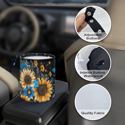 Image of Pensura Blue Butterfly Sunflower Small Car Trash Can Waterproof Trash Bin for Car Quality Hanging Cup Holder Organizer with Strap Auto Accessories for Car, Home, Outdoor