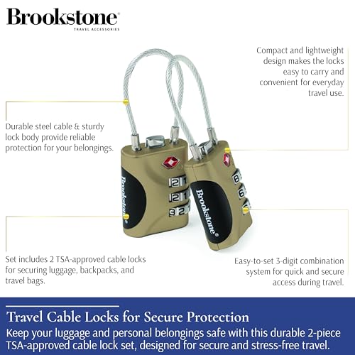 Image of Brookstone Cable Lock - 2 Pack 3-Digit Keyless TSA Approved Locks for Luggage - Resettable Combination Luggage Lock, Size One Size, Khaki