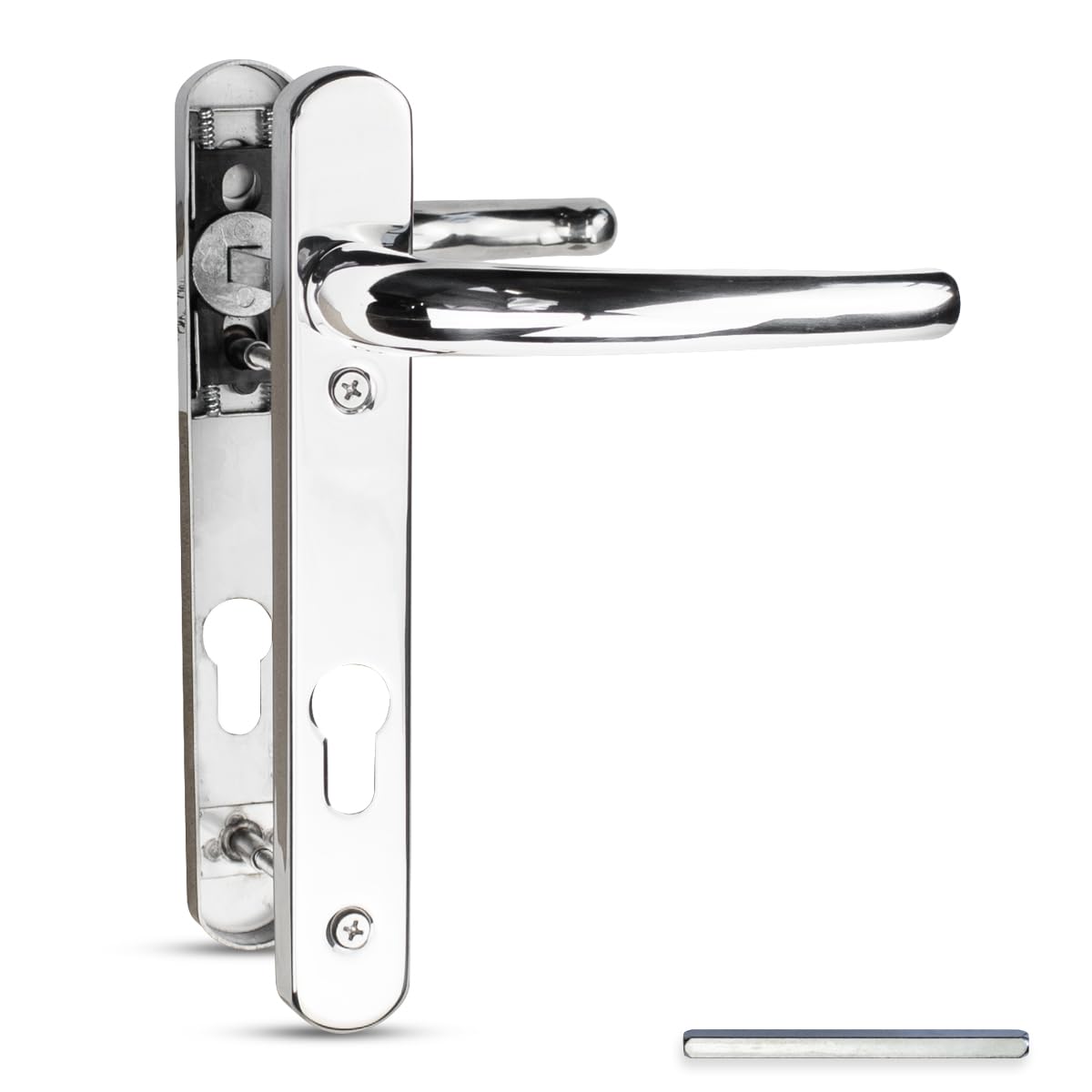 XFORT Uros witte deurklink, (PZ 62/92 mm, schroefgatafstand 211 mm, 243 mm algemeen) aluminium offset hendel/pad, UPVC-deurgreep