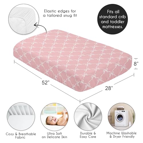 Image of Sweet Jojo Designs Fitted Baby Crib Sheets (Pink and White Bows) for Girls, Infant Nursery, Toddler Room - Standard Size (Blush Bow for the Shabby Chic, Ballet, Dancer, Ballerina Princess Collection)