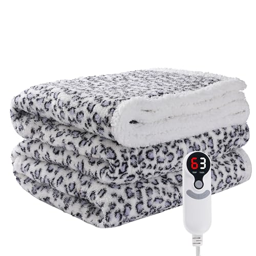 Eydna Electric Heated Blanket Throw Size 50"&times;60" with 9 Heating Levels & 1-10 Hs auto Off, Heating Throw Double Sided Sherpa, Energy Efficient, Machine Washable, Leopard Print Blue & White
