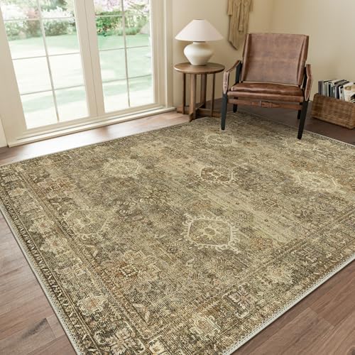 GENIMO 8X10 Area Rugs for Living Room, Machine Washable Non Slip Vintage Floral Patchwork Rug, Thin Low Pile Chenille Carpet Rugs for Bedroom, Dining Room, Straw