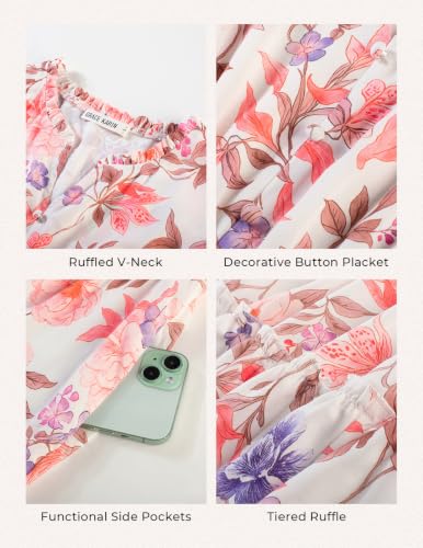 Image of GRACE KARIN Women's Floral Maxi Dress 2026 Fall Long Sleeve V Neck Empire Waist A Line Flowy Dress with Pocket