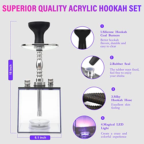 Hookah Set - Hejeink Micro Modern Cube Acrylic Hookah 2 Hose With Diffuser Magic Remote Led Light, Silicone Hookah Bowl, Coal Tongs Aluminum Rod Better Hookah Hookah Narguile Smoking Set #TOP2