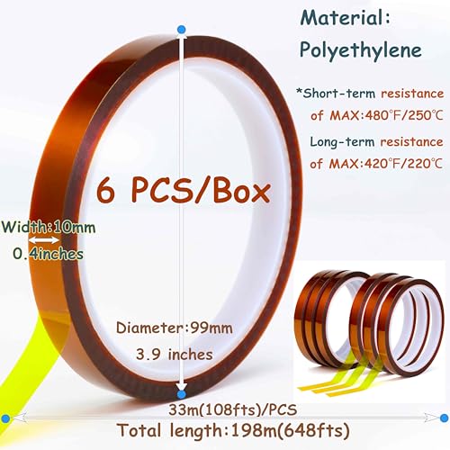 Image of Valley'sYuMiao 6Rolls,10mmx108fts, Heat Tape for Sublimation, Heat Transfer Tape, Heat Resistant Tape, No Residue, Thermal, Total Length 648fts