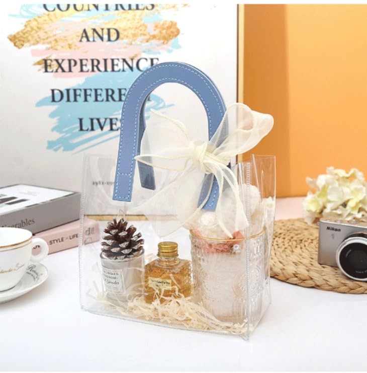 Image of SATYAM KRAFT 6 Pcs Transparent Reusable Leather Goodie Bags | Elegant Gift Bags for Her /Him Wedding Return Favors, Engagement Hampers, Marriage, Birthday & Festival Gifting | Handle Hamper Shopping Carry Bags (U-shaped Blue - Medium)