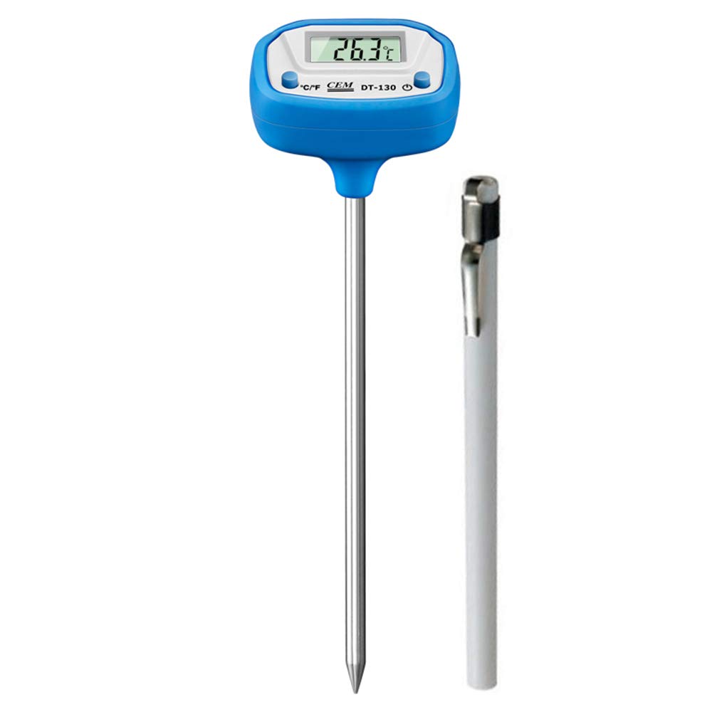 CEM Instant Read Digital Meat Thermometer for Food, Bread Baking, Water, and Liquid. Waterproof and Long Probe with Meat Temp Guide for Cooking, Display DT-130(Blue)